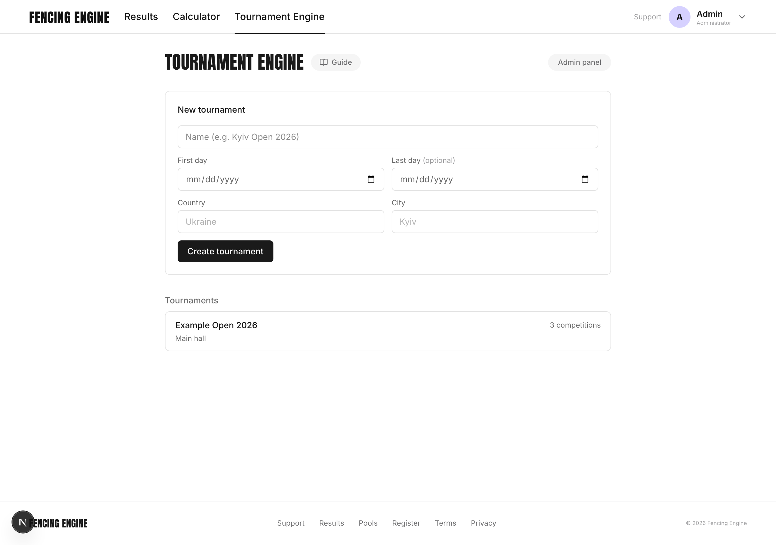 Creating a tournament and the list of yours