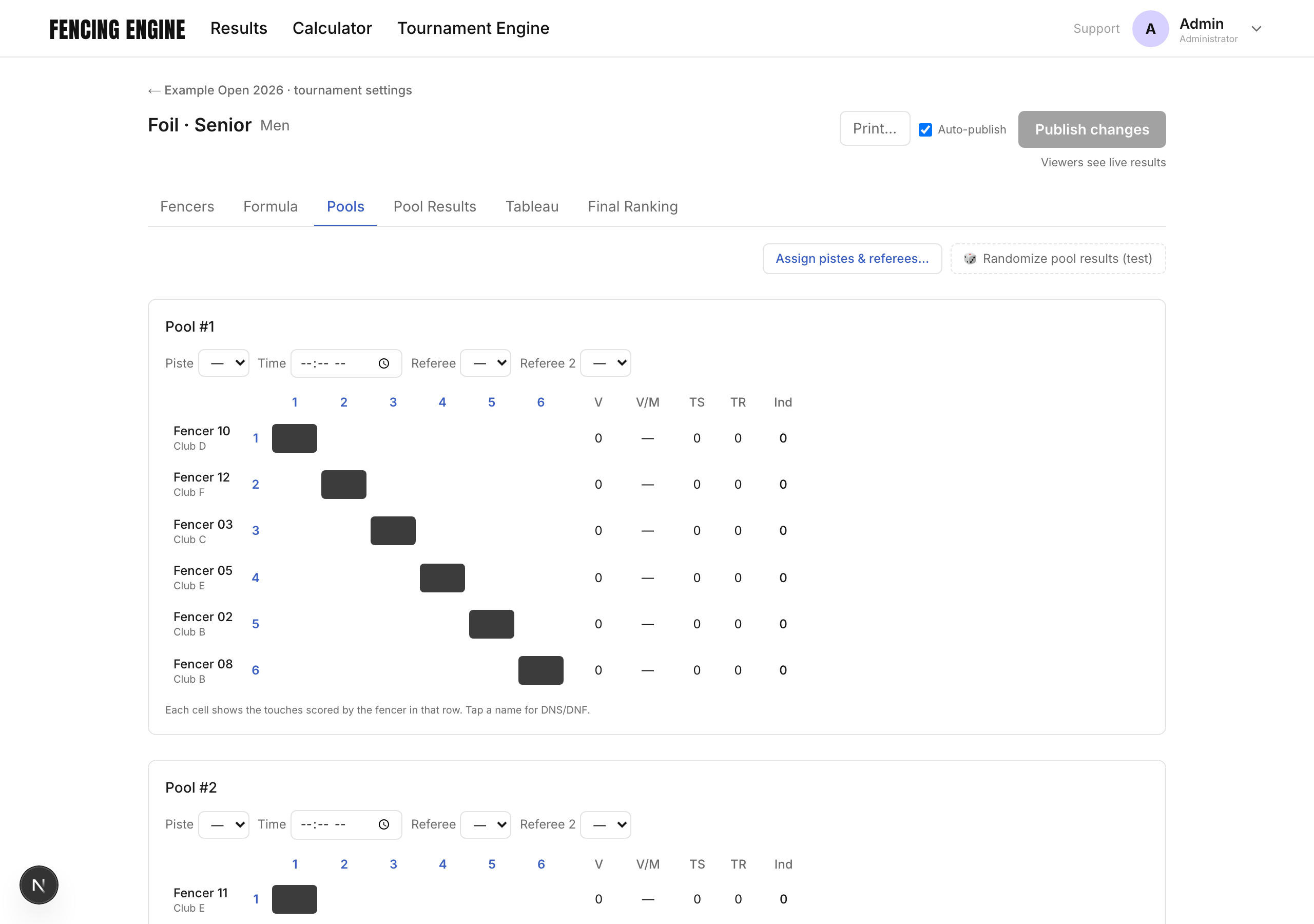 A pool: piste, time, referees, the score grid